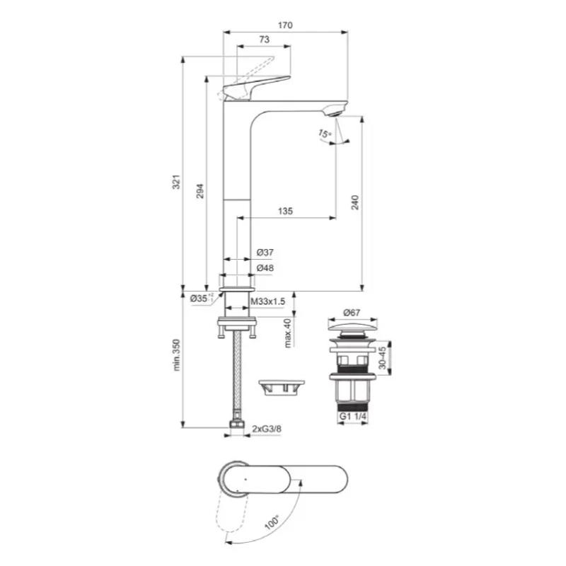 Baterie înaltă pentru lavoar Ideal Standard, Ceralife O 240 BlueStart, cu ventil Click-Clack, negru mat